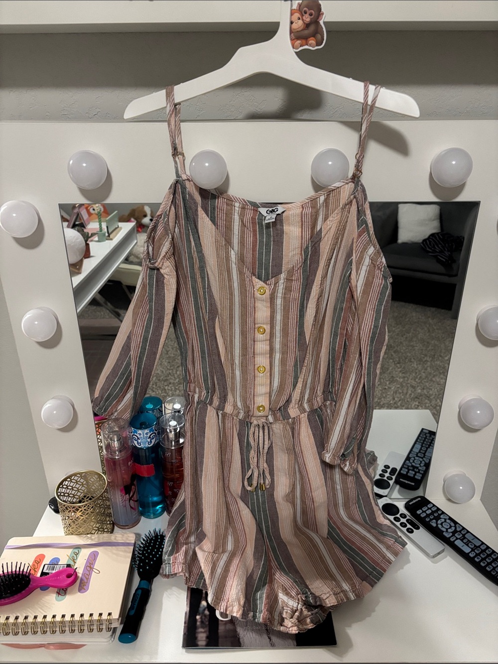 G by Guess Striped Cold-Shoulder Romper in Pink, Green, Tan